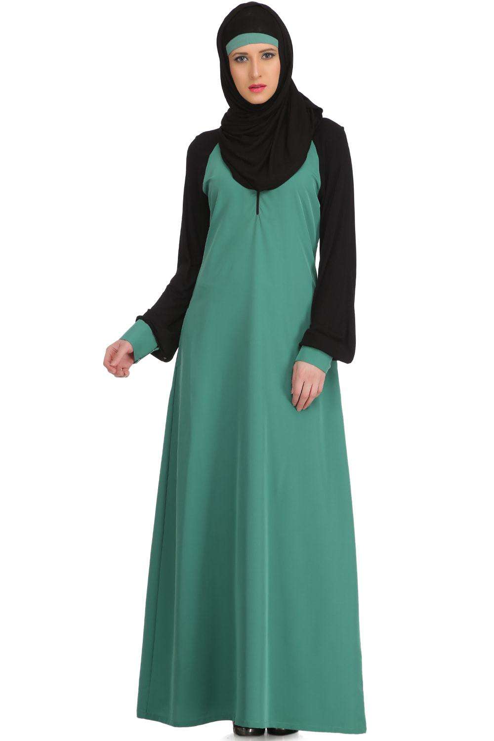 Tafida Light Green Kashibo & Black Jersey Sleeves Sports Abaya