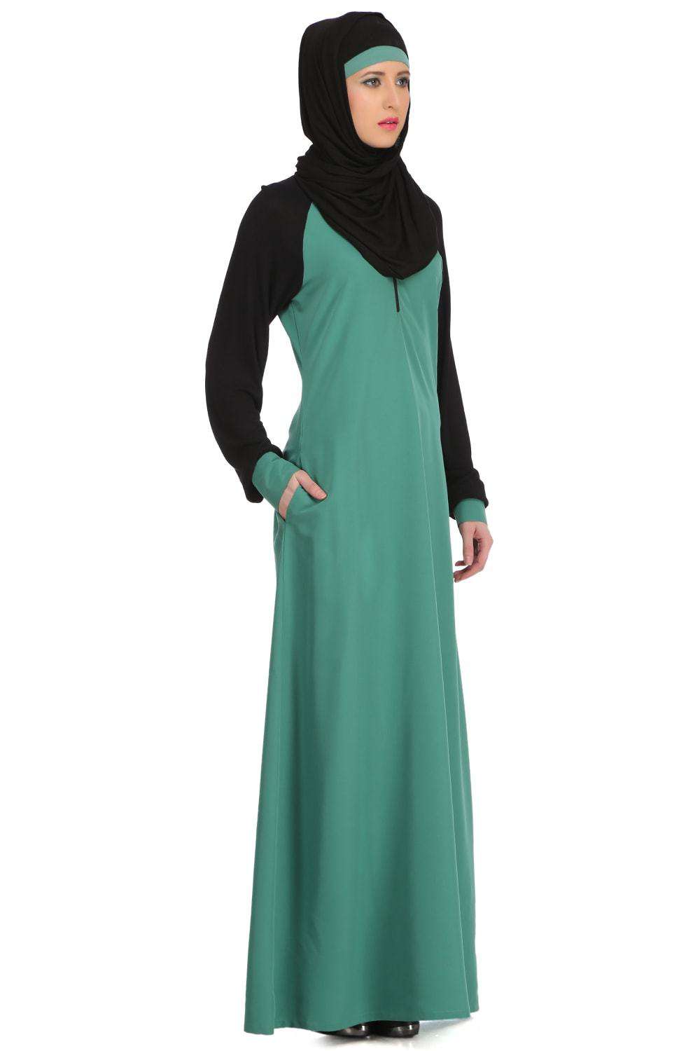 Tafida Light Green Kashibo & Black Jersey Sleeves Sports Abaya