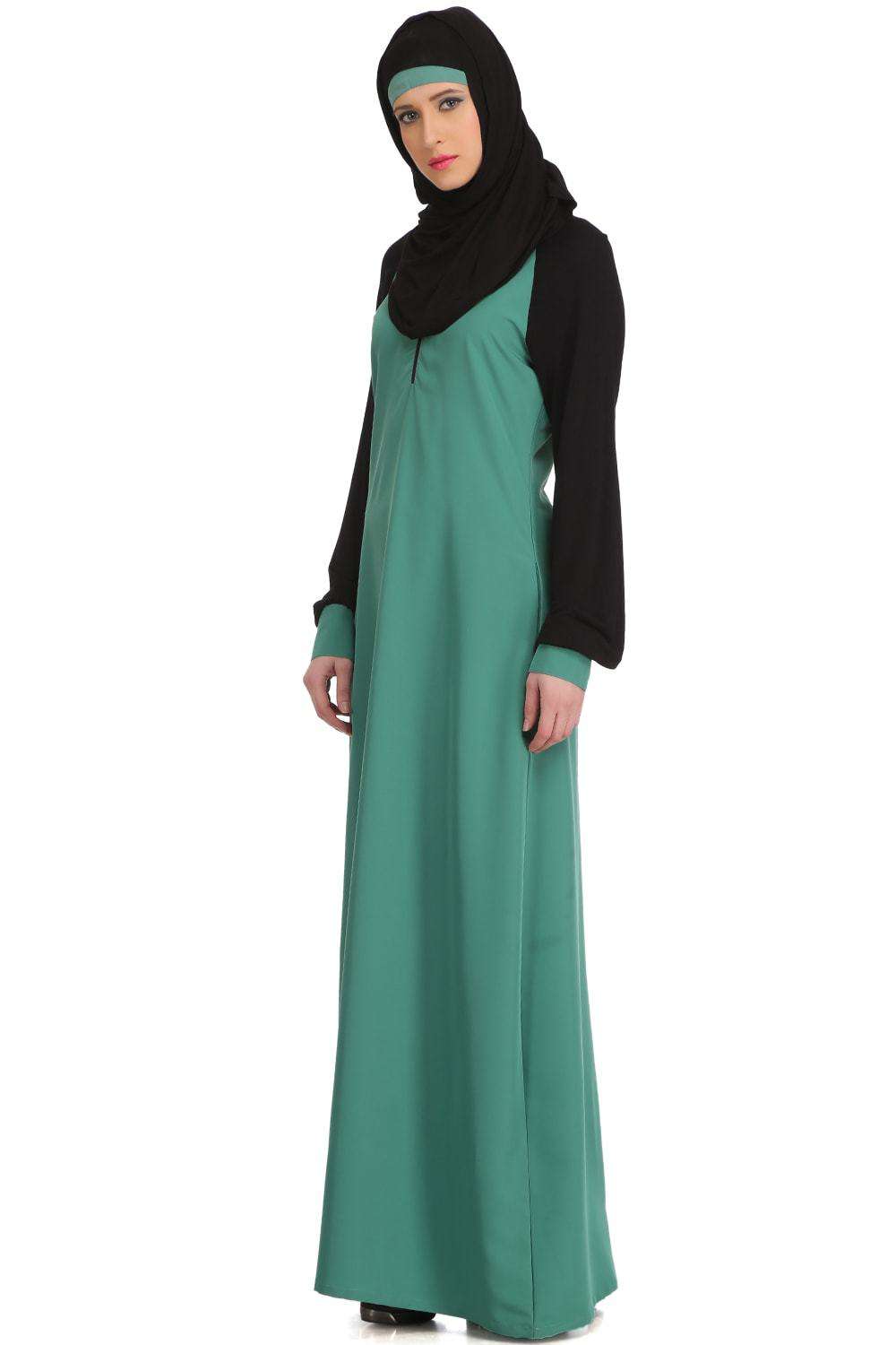 Tafida Light Green Kashibo & Black Jersey Sleeves Sports Abaya