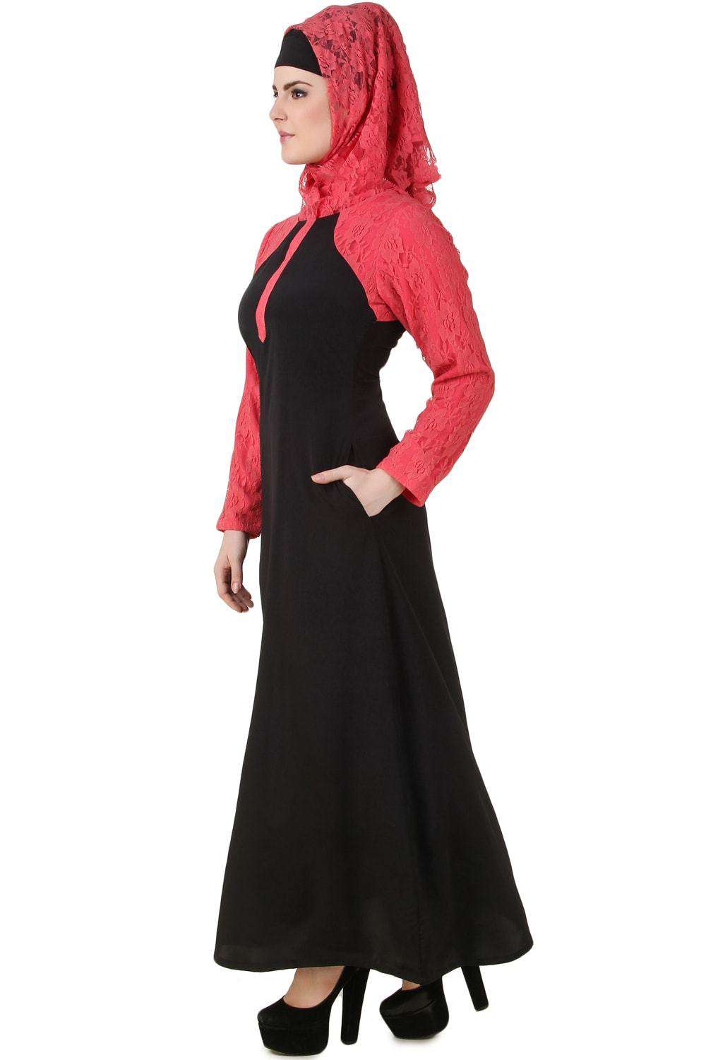 Nailah Black Nida & Pink Crepe & Net Abaya Side