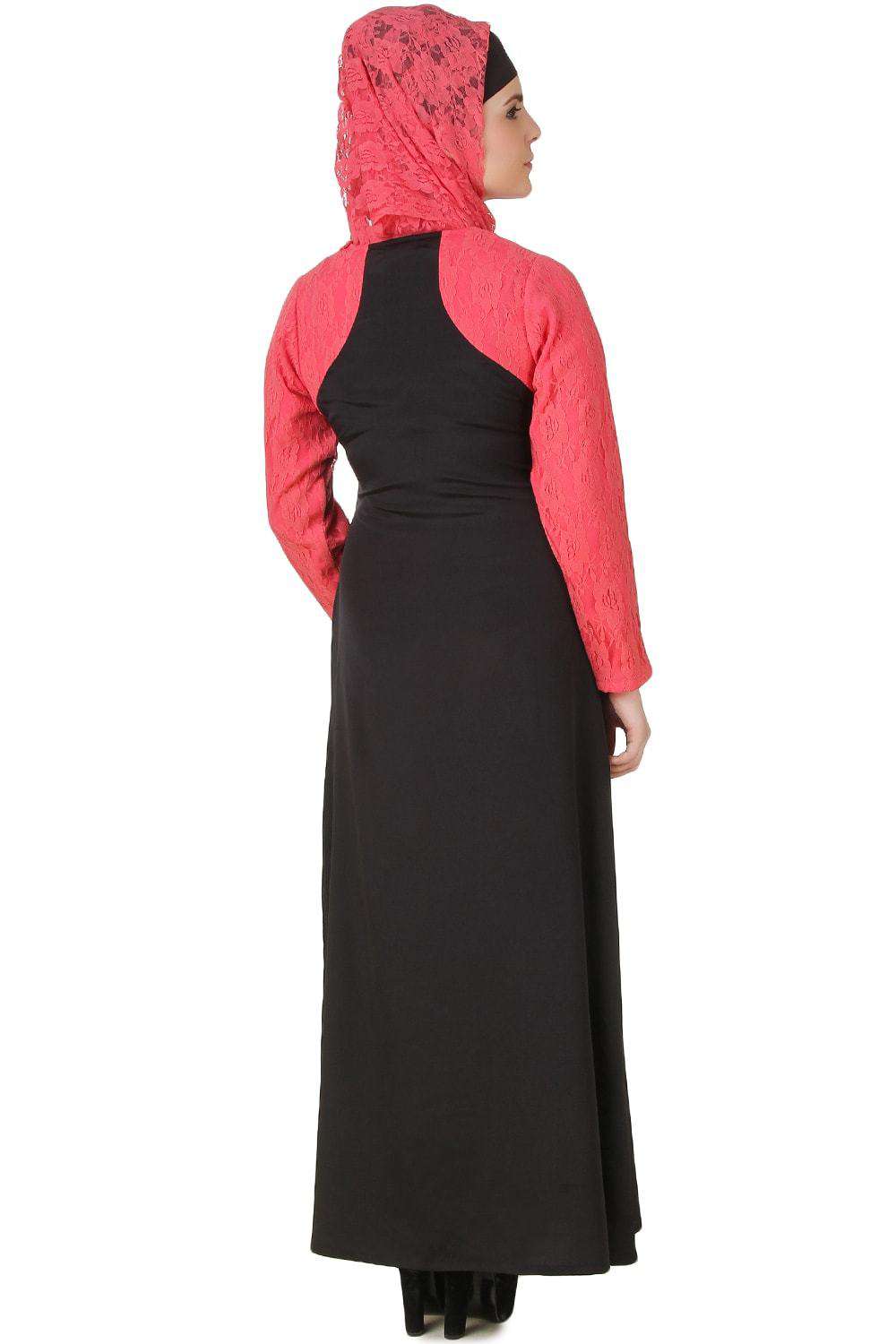 Nailah Black Nida & Pink Crepe & Net Abaya Back