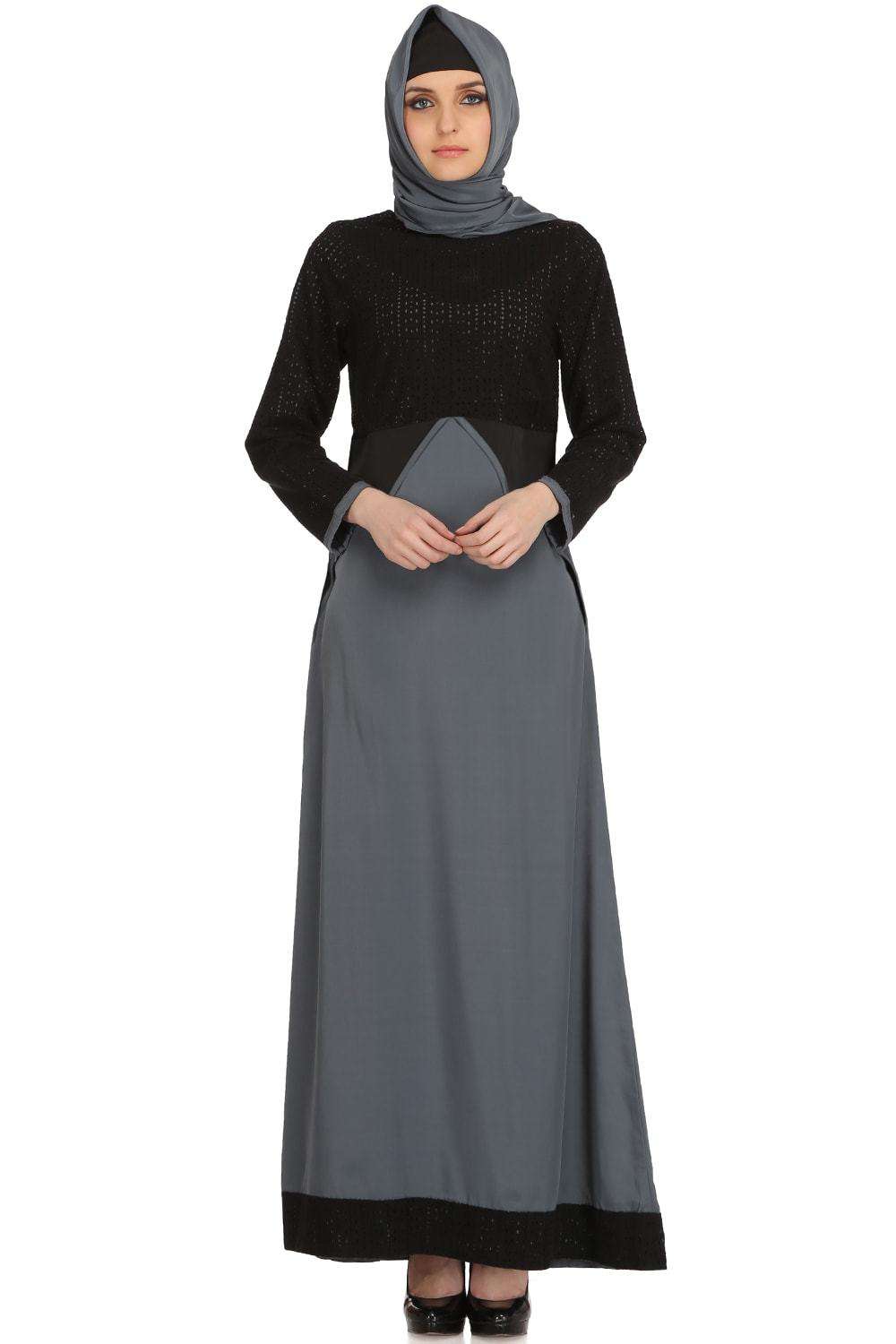 Amaya Black & Grey Schiffli & Crepe Abaya