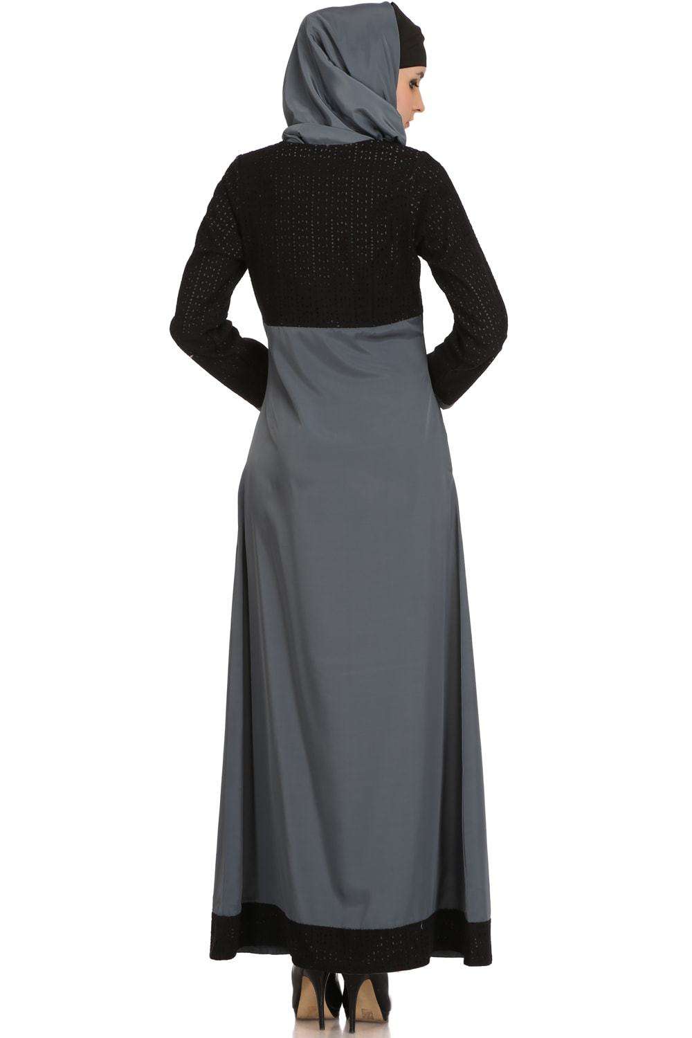 Amaya Black & Grey Schiffli & Crepe Abaya Back