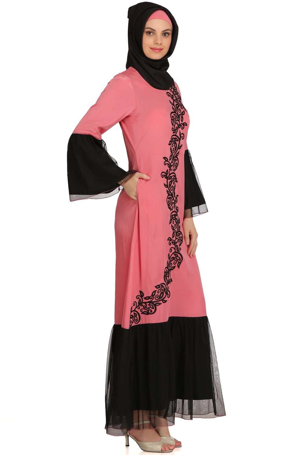 Saidah Pink Crepe & Net Abaya