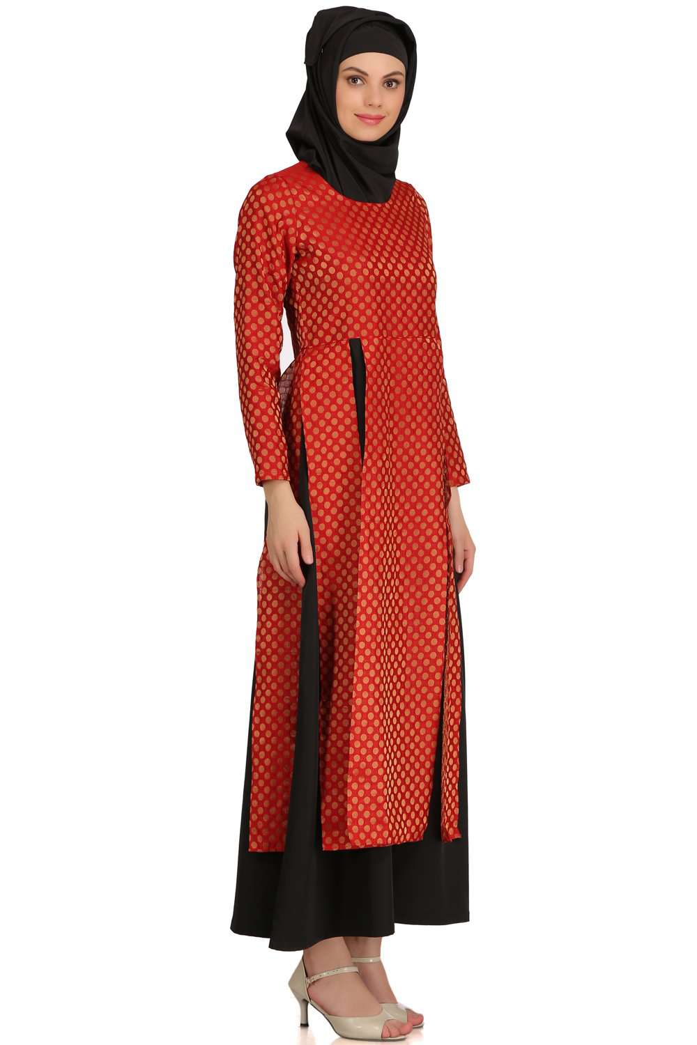 Sameera Red Brocade & Black Nida Abaya