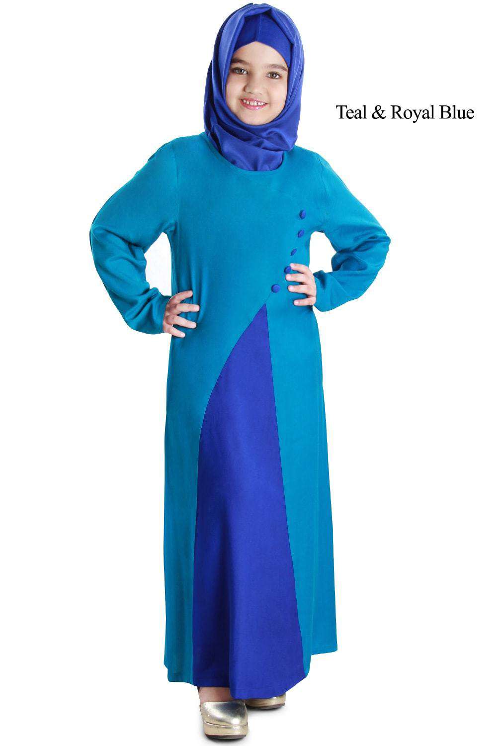 Shabina Dual Colour Rayon Kid's Abaya Teal & Royal Blue