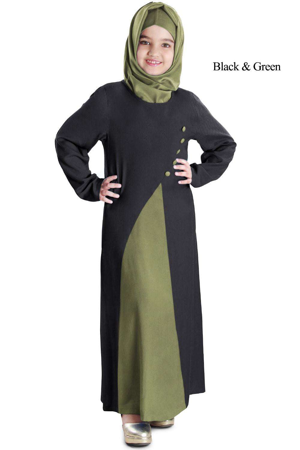 Shabina Dual Colour Rayon Kid's Abaya Black & Green