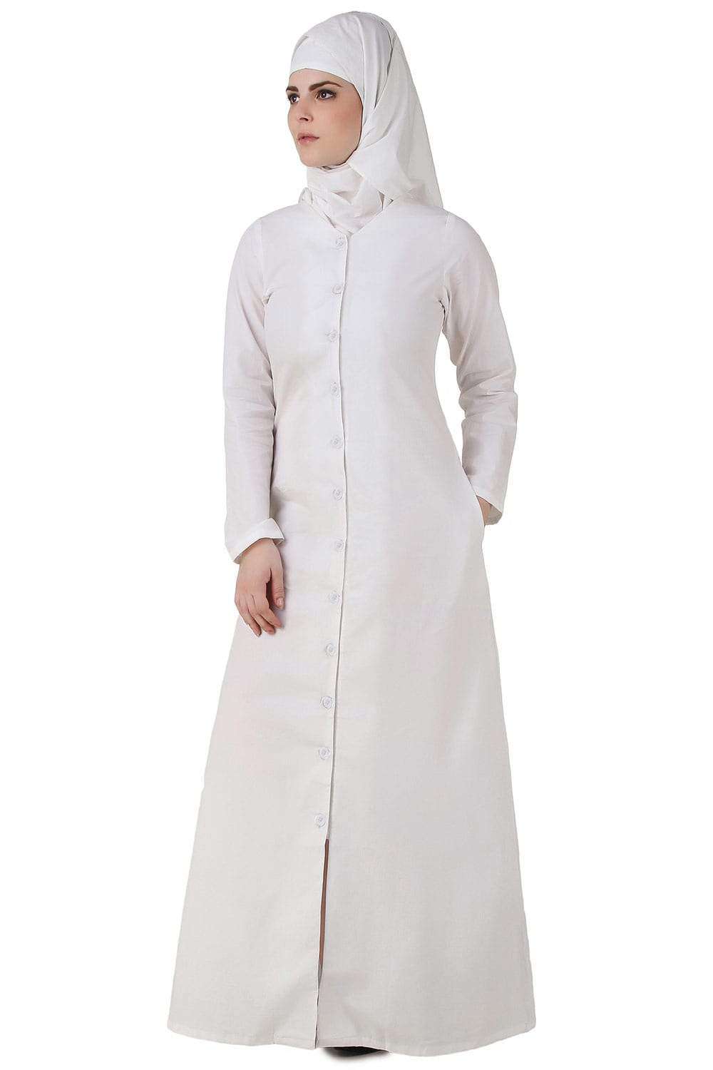 Faraza White Front Open Cotton Abaya Front
