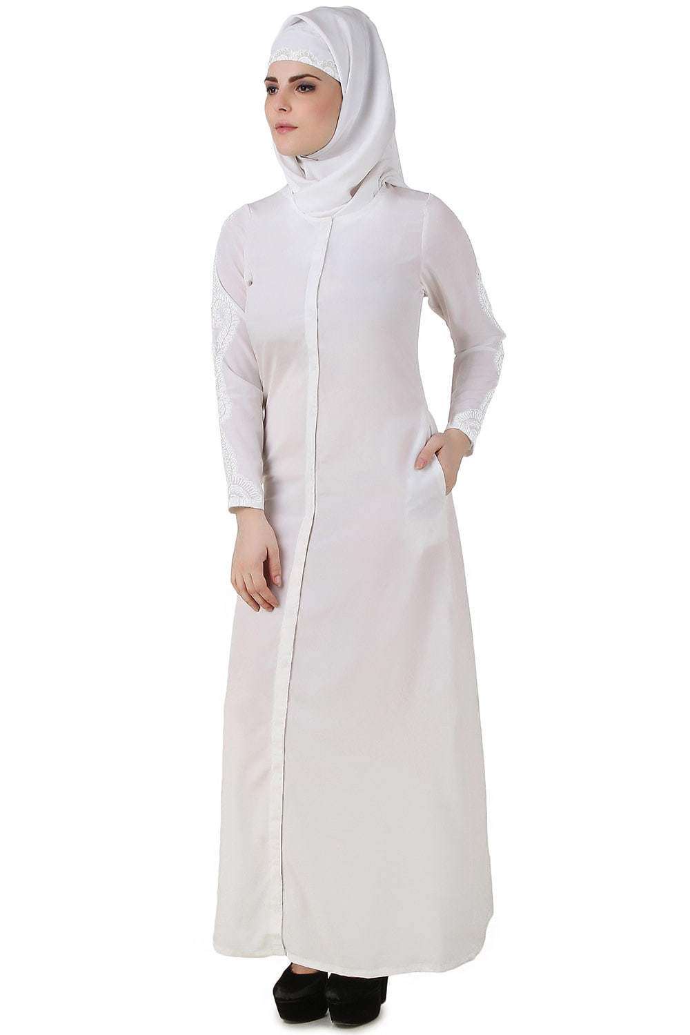 Huma White Front Open Cotton Abaya Front