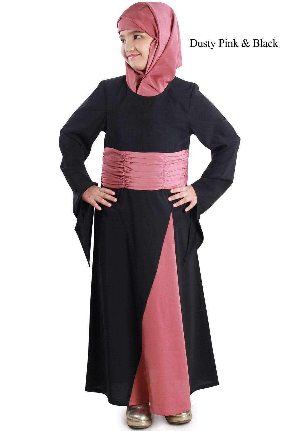 Anwara Kid's Abaya Dusty Pink & Black