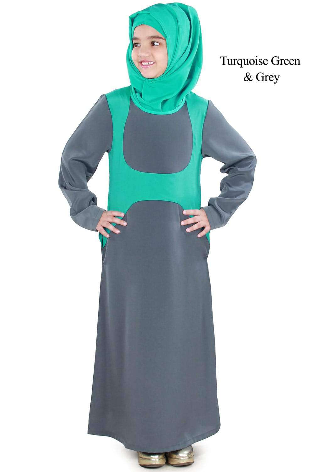 Rabitah Kid's Abaya Turquoise Green & Grey