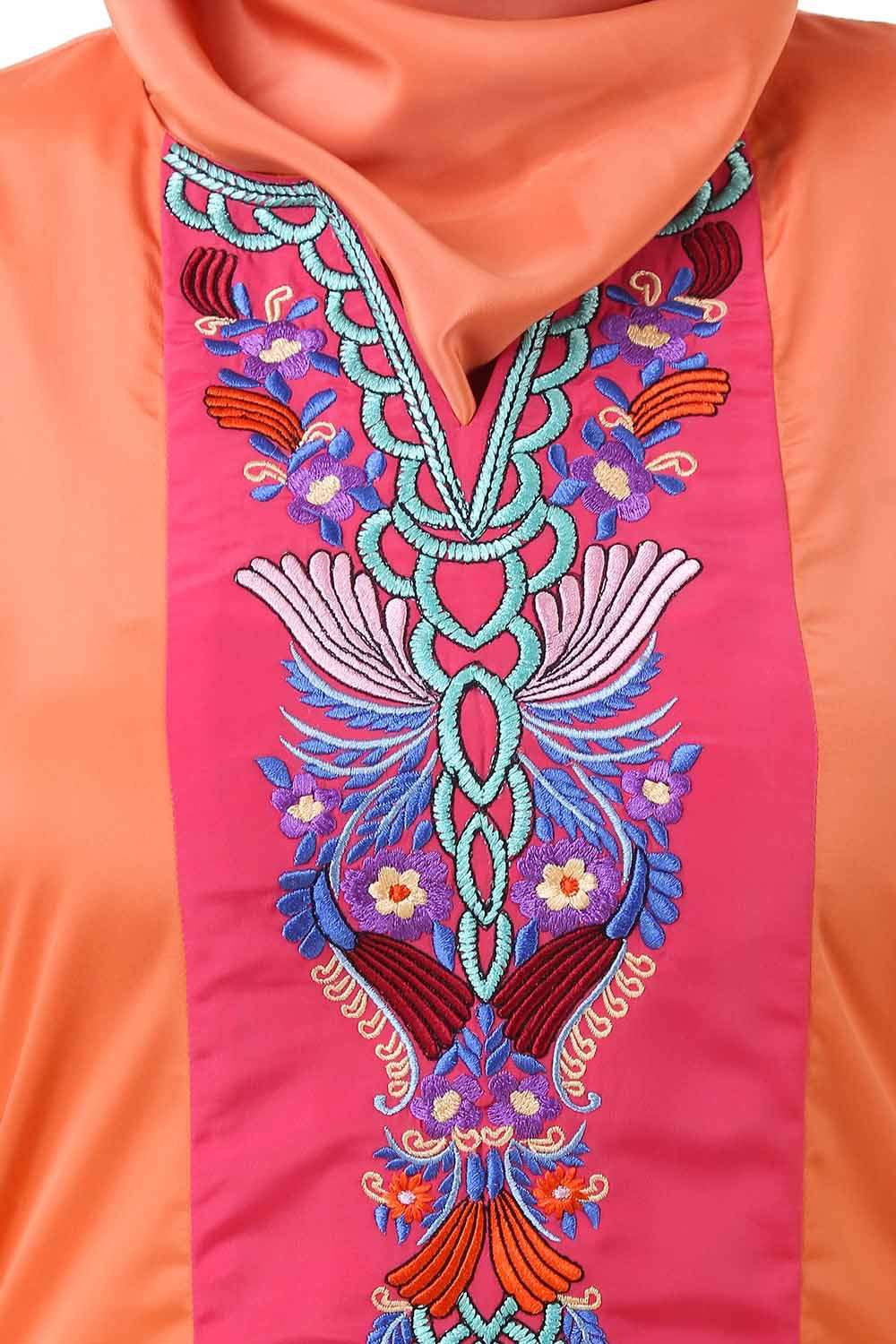Orange Batwing Style Crepe Abaya Embroidery