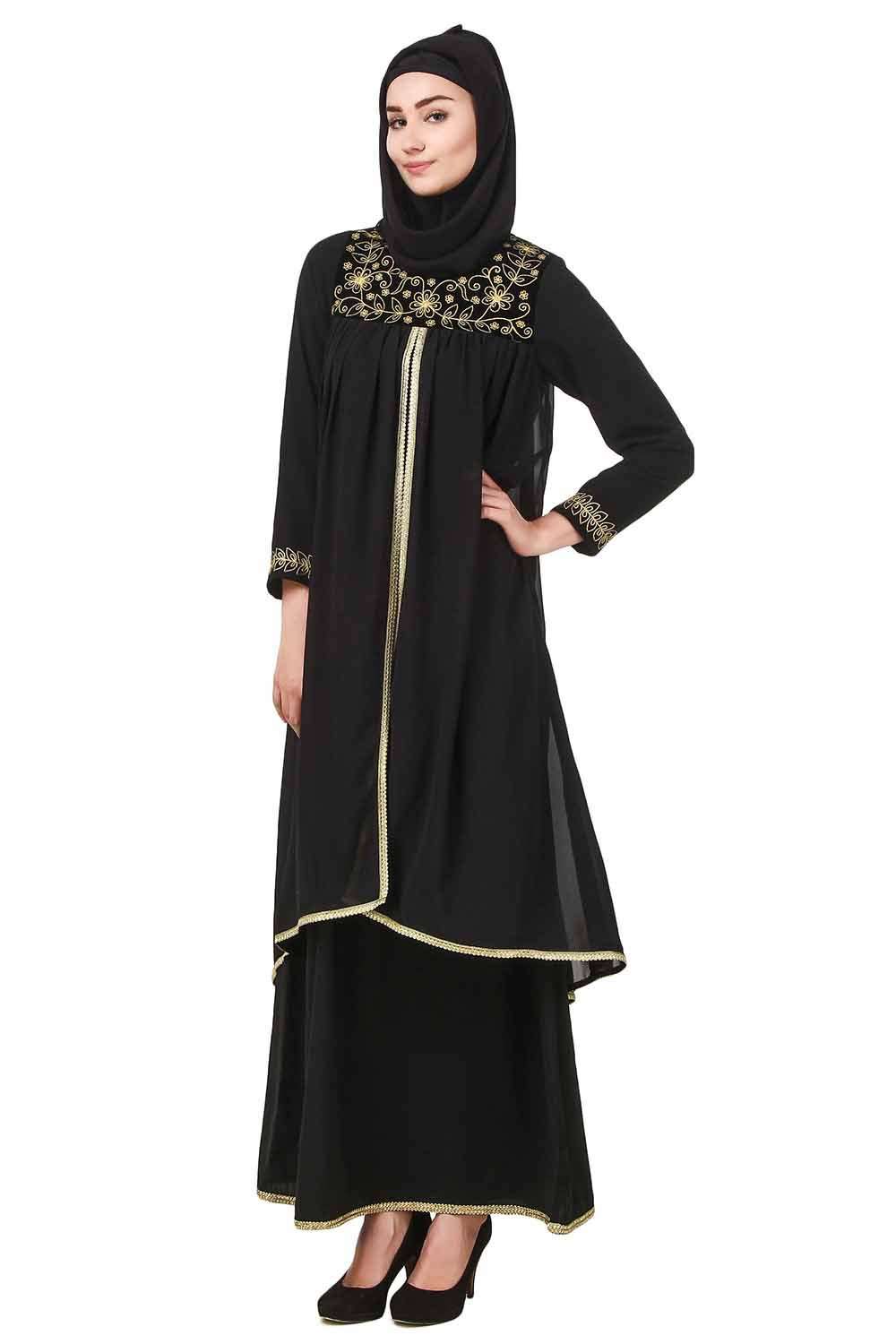 Black Dual Layer Nida & Georgette Embroidered Abaya AY-707