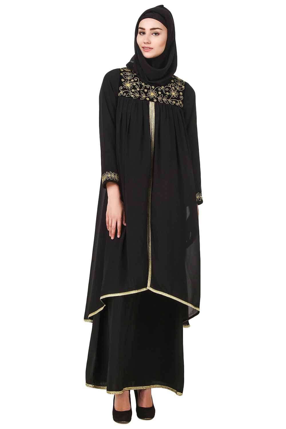 Black Dual Layer Nida & Georgette Embroidered Abaya AY-707 Front