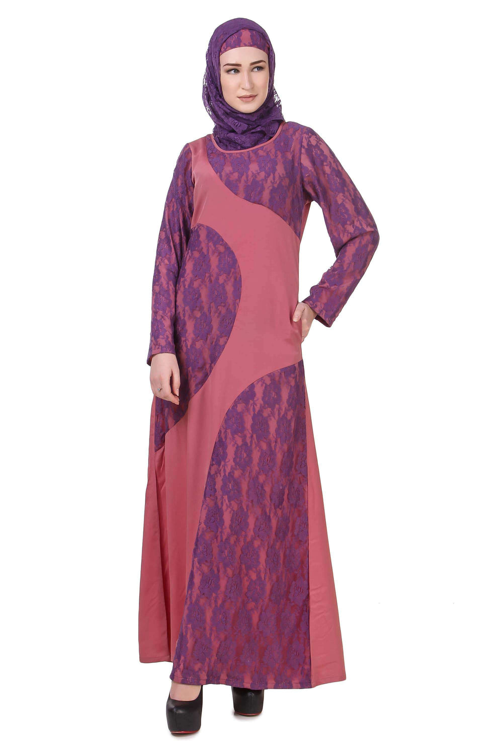 Pink & Purple Flower Net Abaya