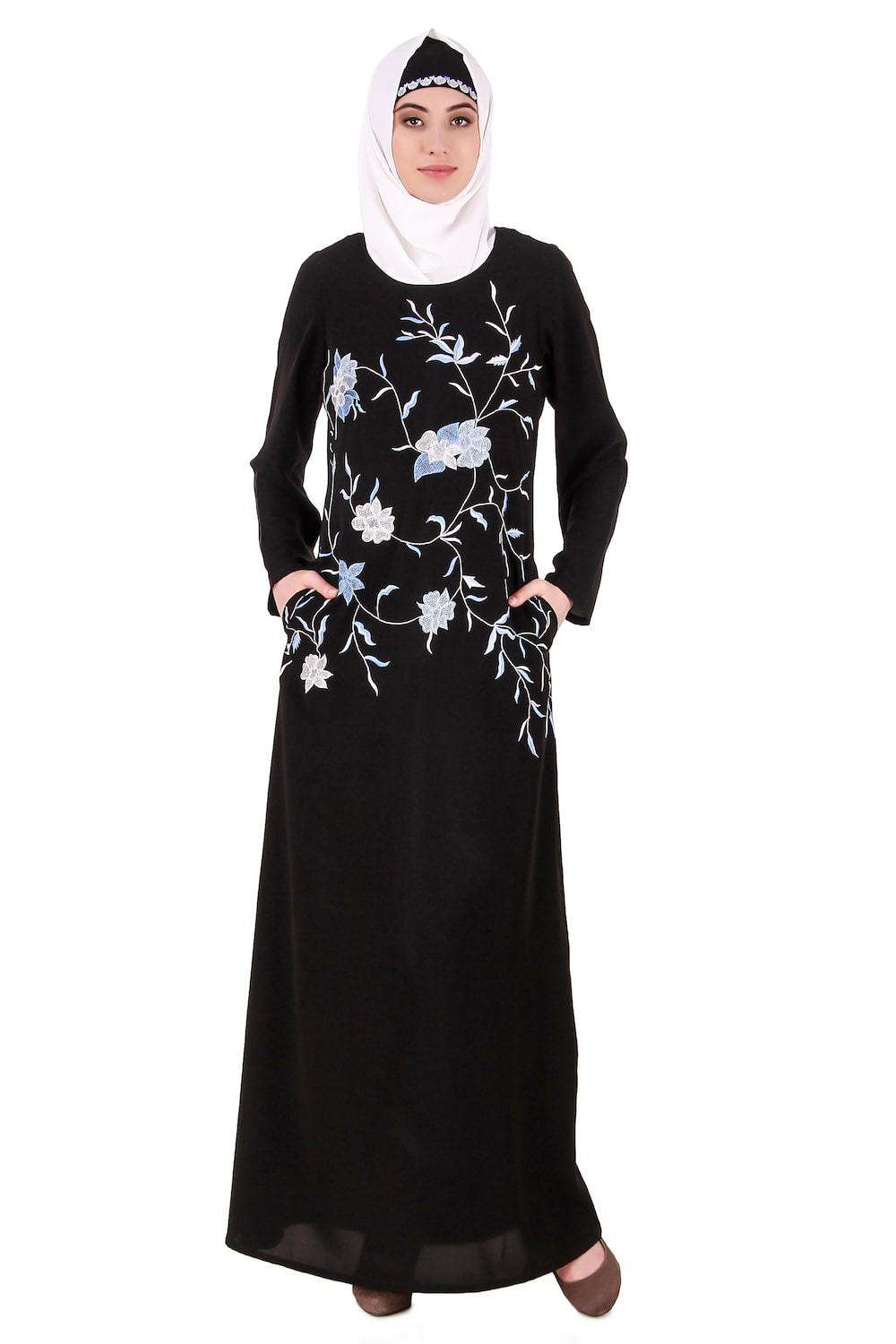 Black Leaf and Flower Embellished Black Nida Abaya