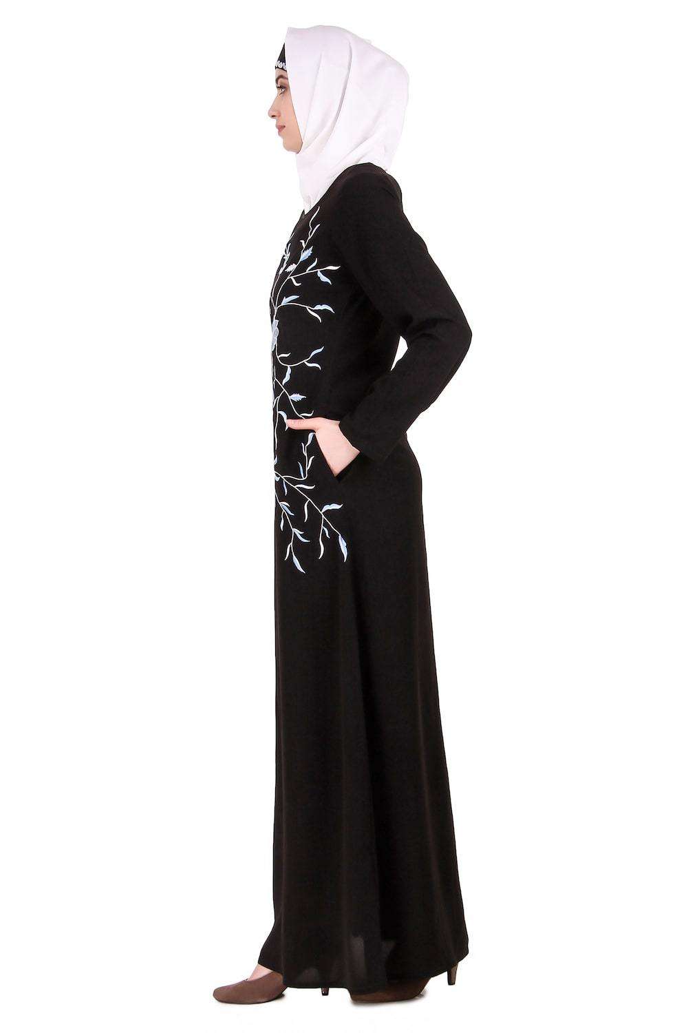 Black Leaf and Flower Embellished Black Nida Abaya Side