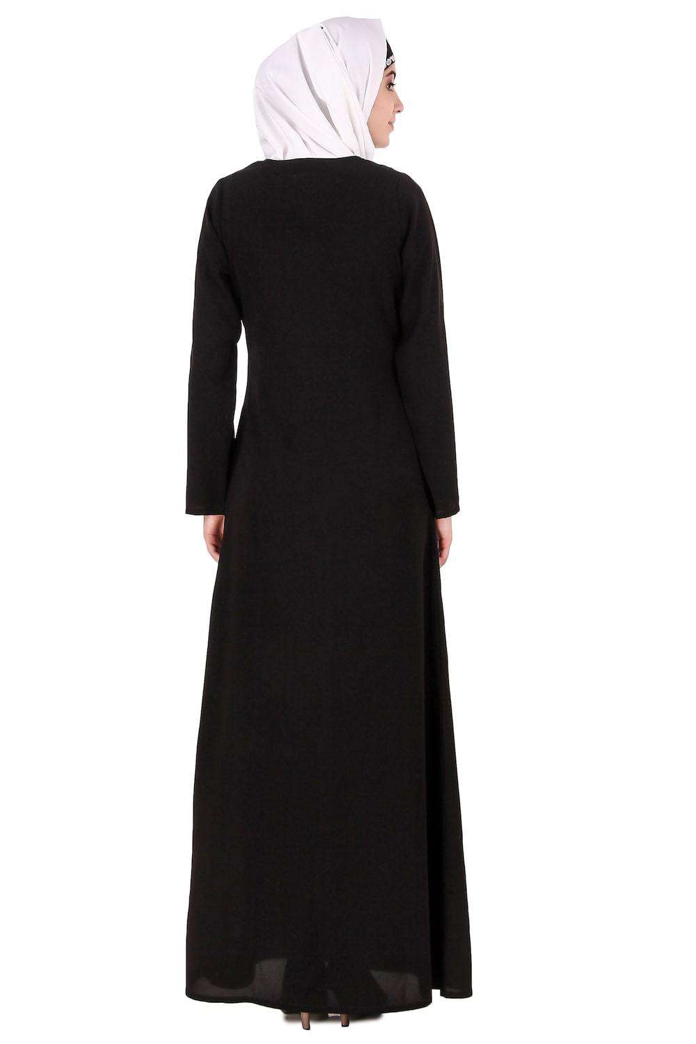 Black Leaf and Flower Embellished Black Nida Abaya Back