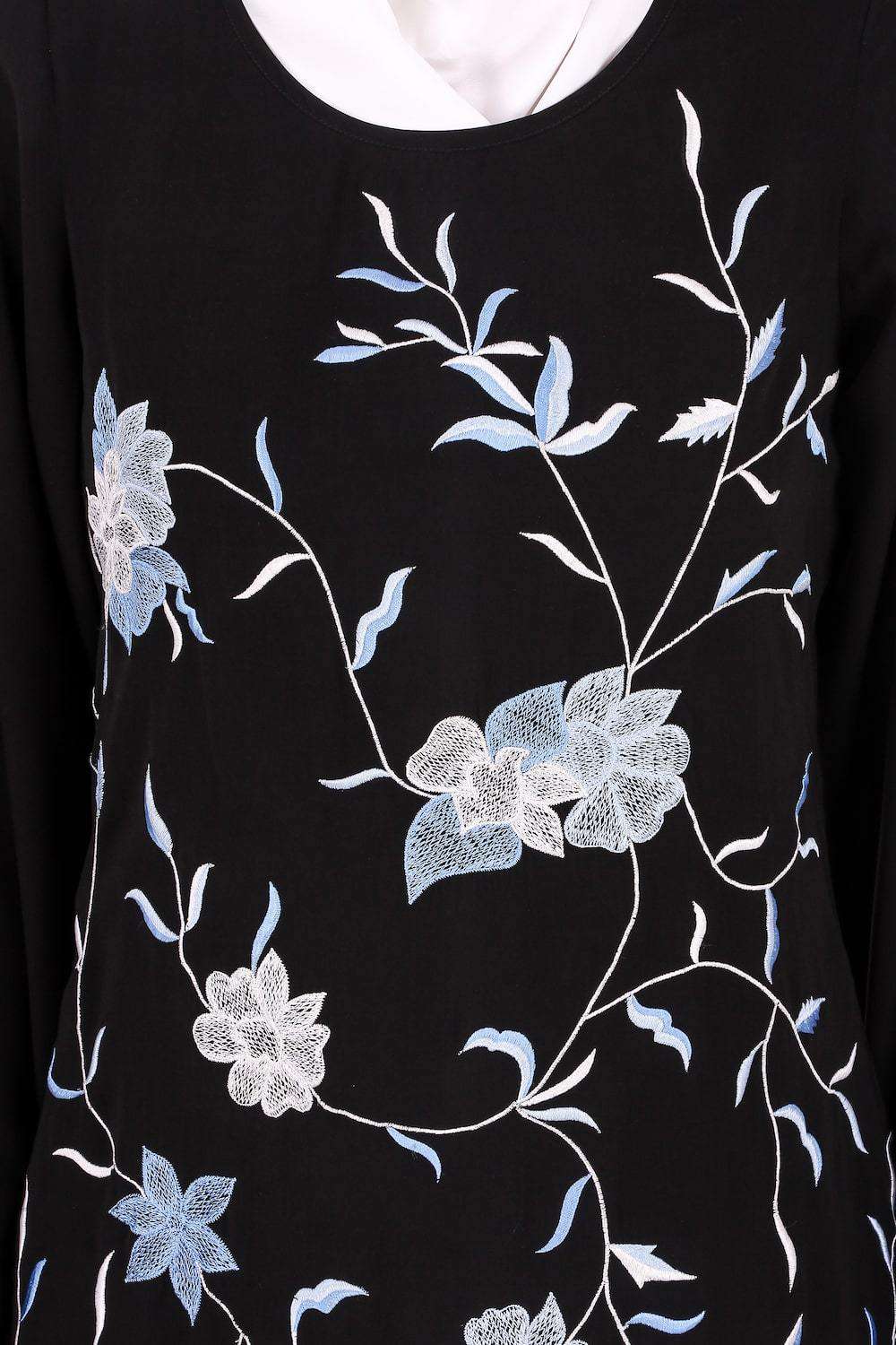 Black Leaf and Flower Embellished Black Nida Abaya Front Embroidery