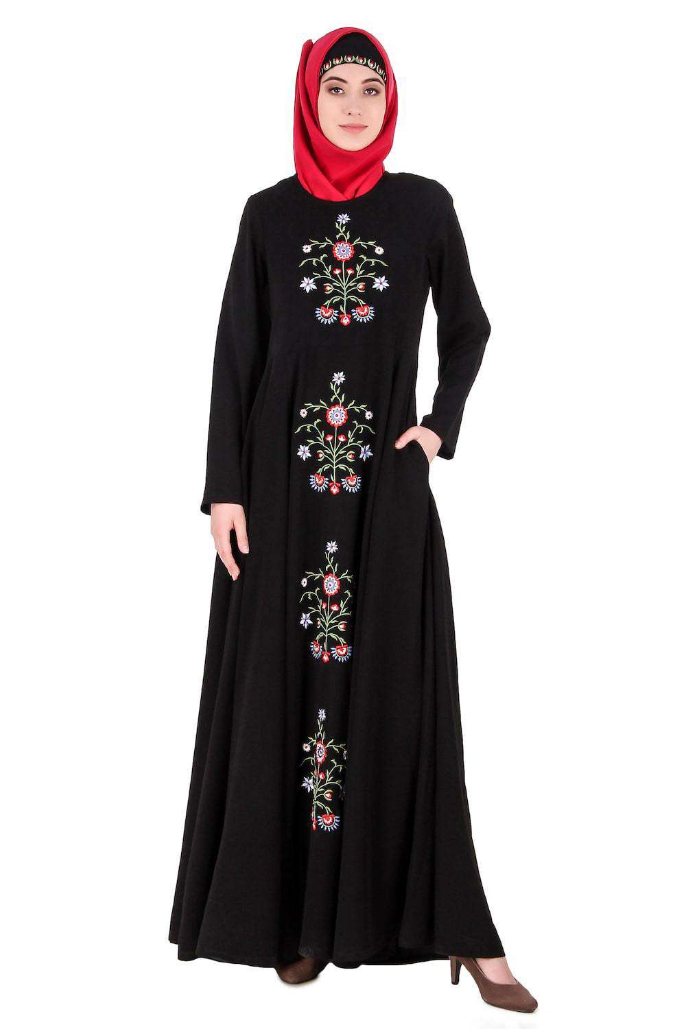 Black Floral Embroidered Nida Abaya
