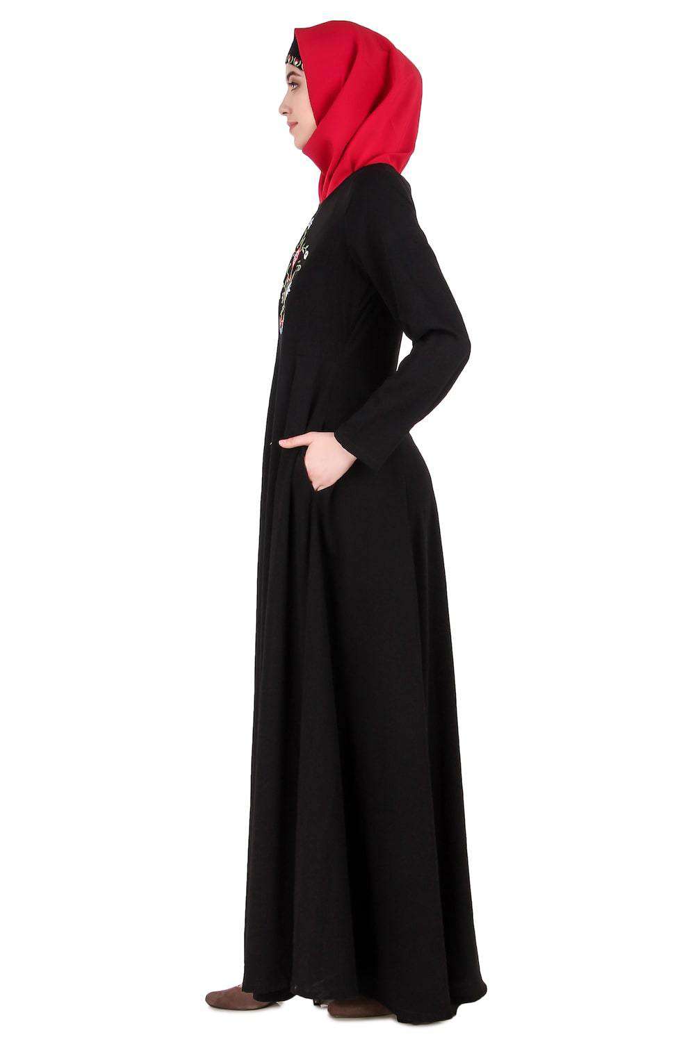 Black Floral Embroidered Nida Abaya Side