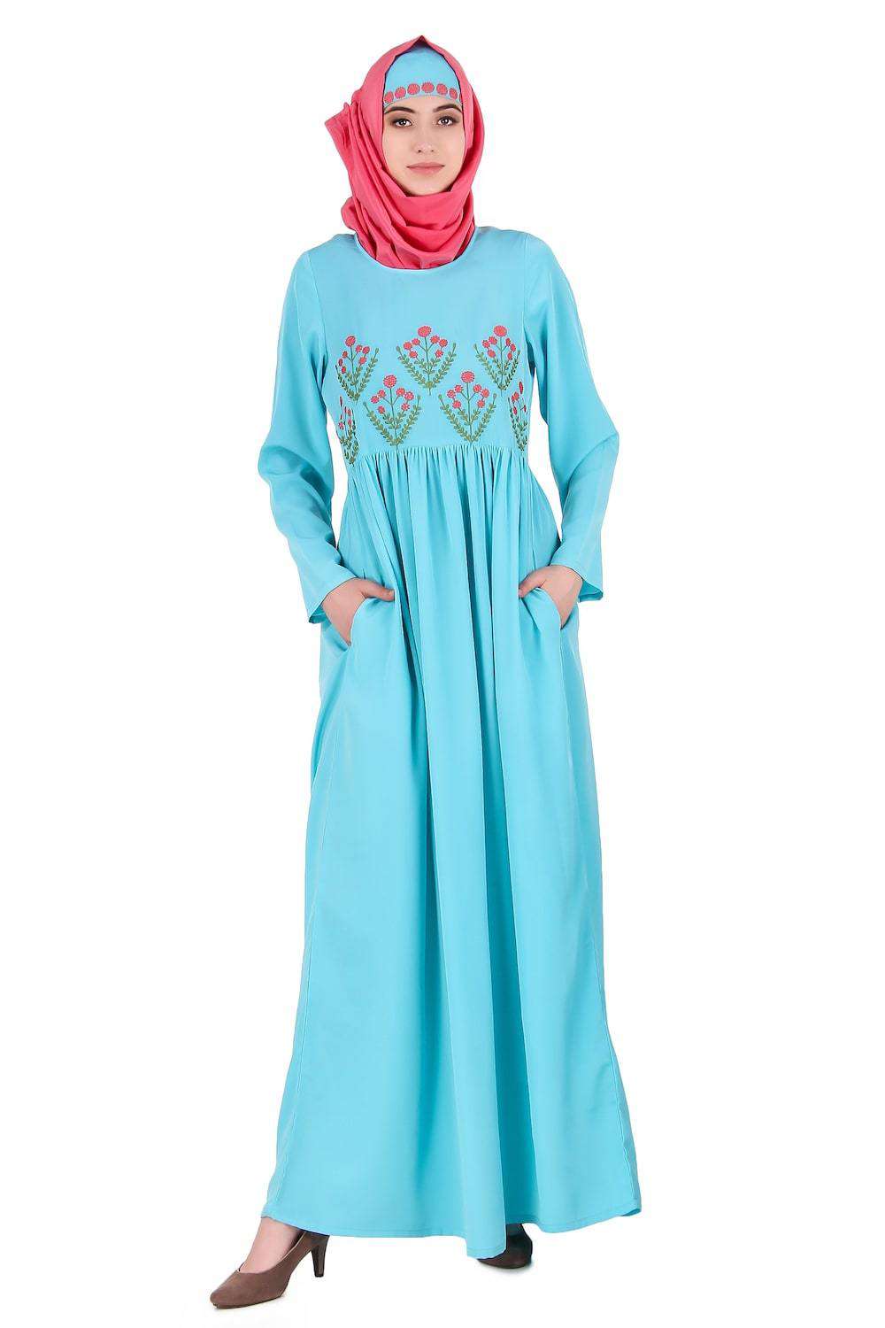 Turquoise Embroidered Crepe Abaya