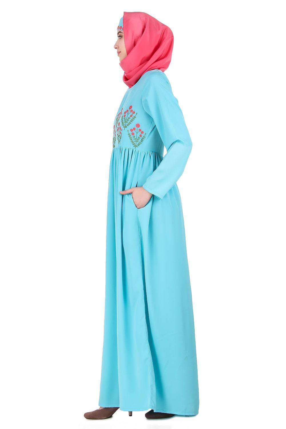 Turquoise Embroidered Crepe Abaya