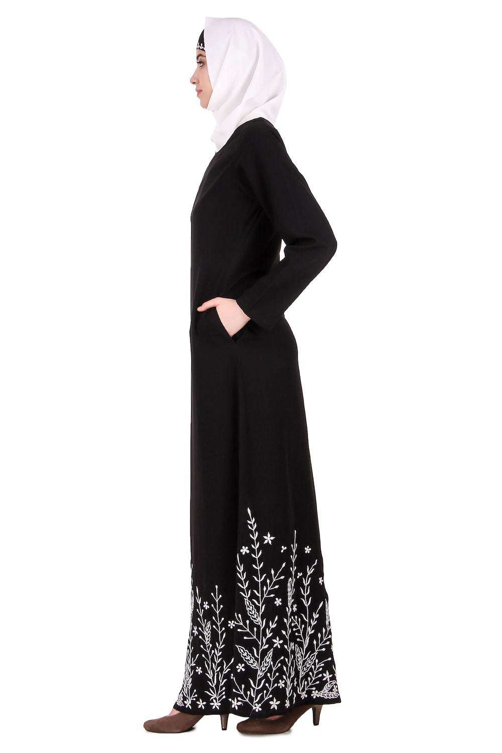 Descending Leaf Pattern Embroidered Abaya Side