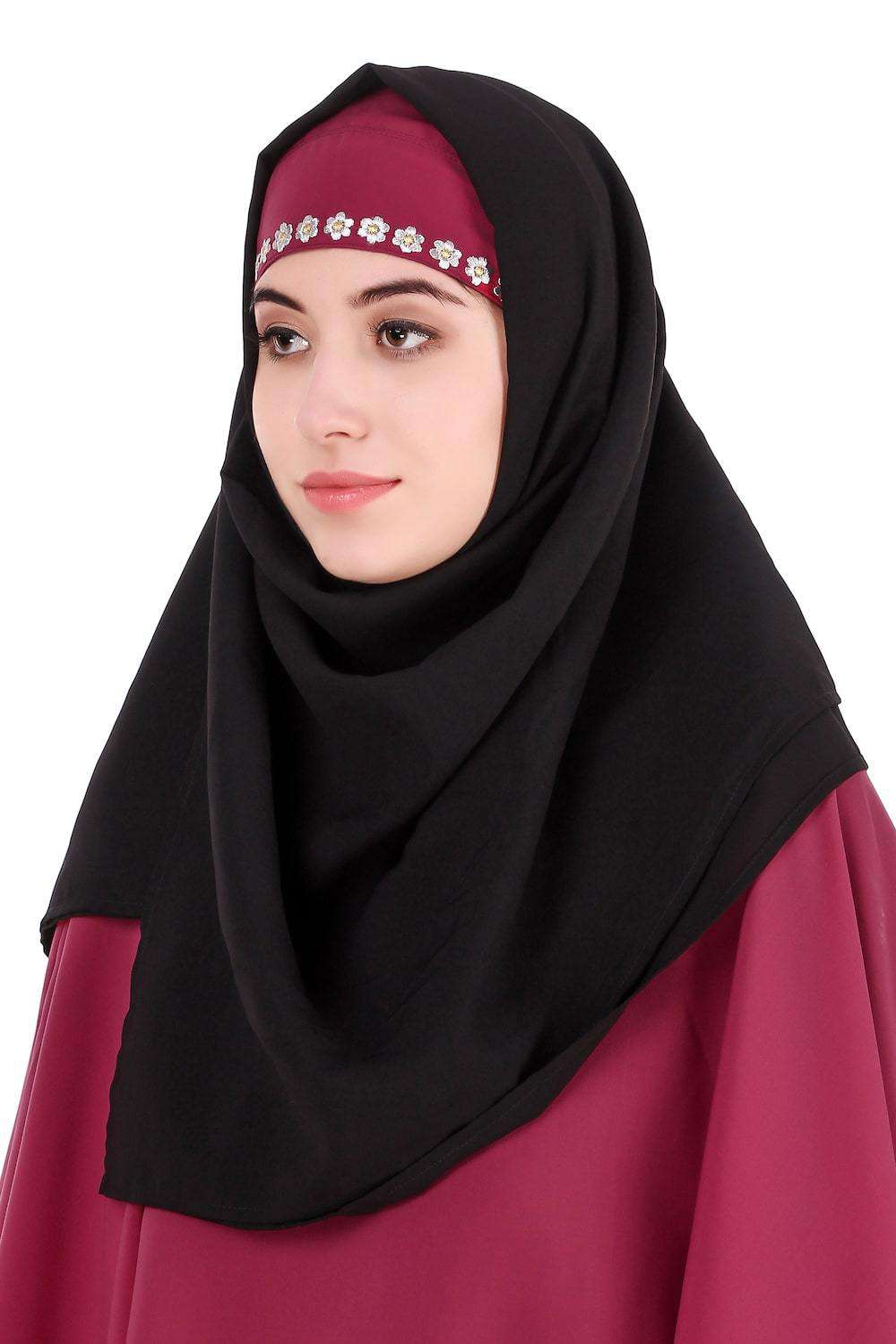 Black & Rose Pink Semi-Circular Cape Abaya Hijab