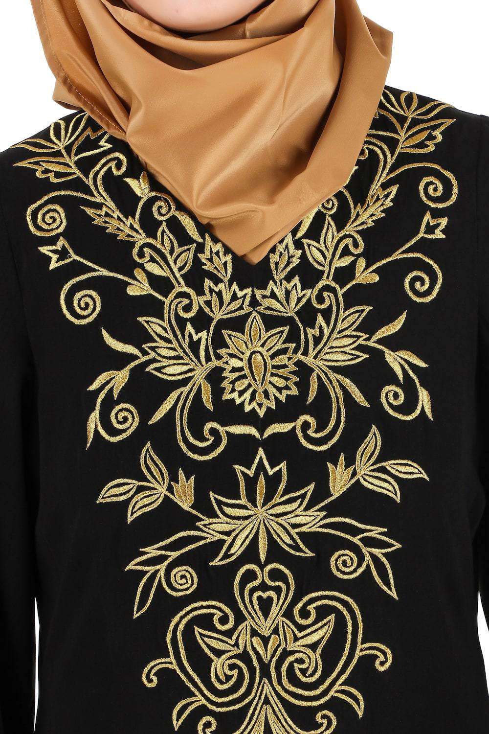 Gold Floral Embroidered Festive Abaya Embroidery