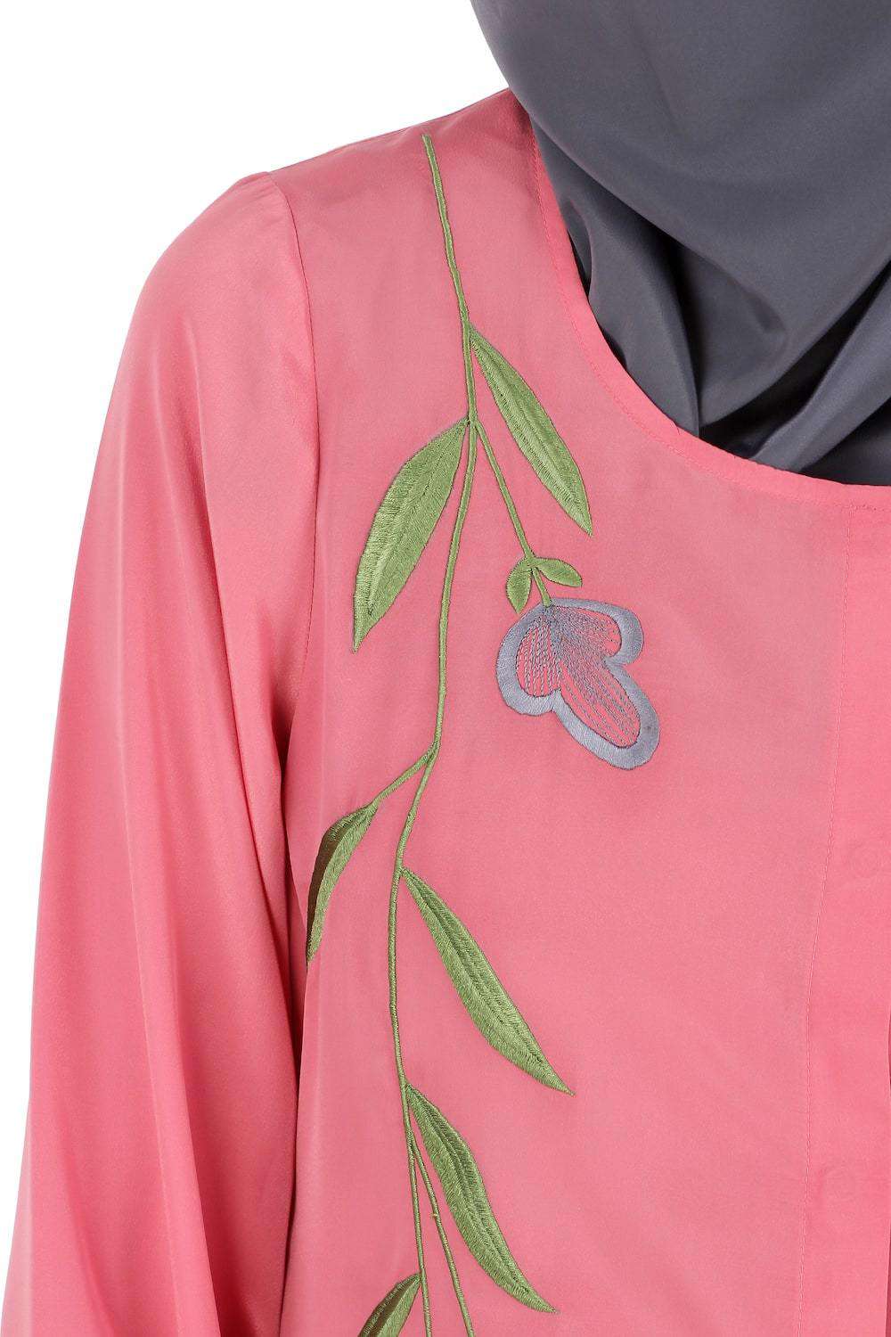 Dusty Pink Front Open Embellished Abaya Embroidery