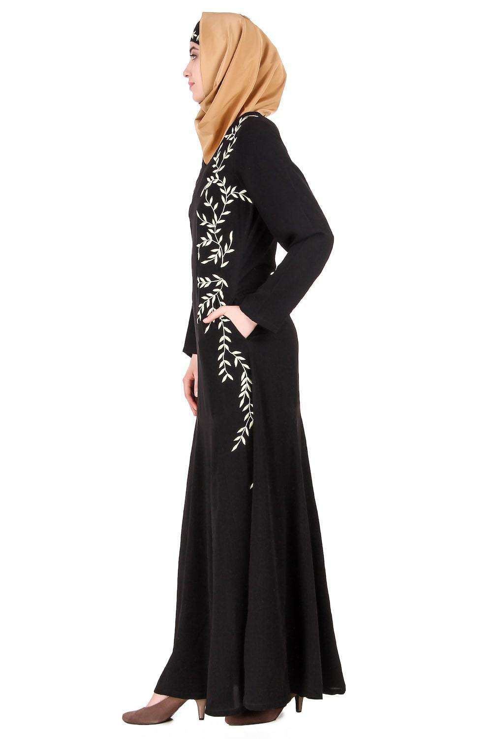 Black Nida Leaf Embroidered Abaya Side