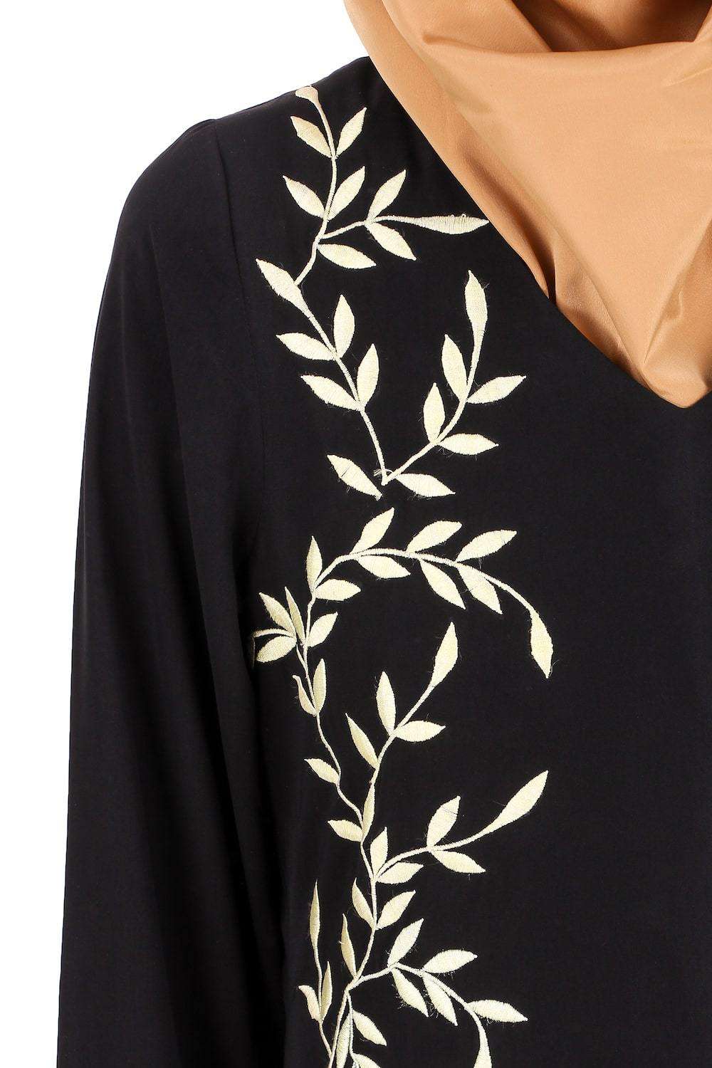 Black Nida Leaf Embroidered Abaya Embroidery