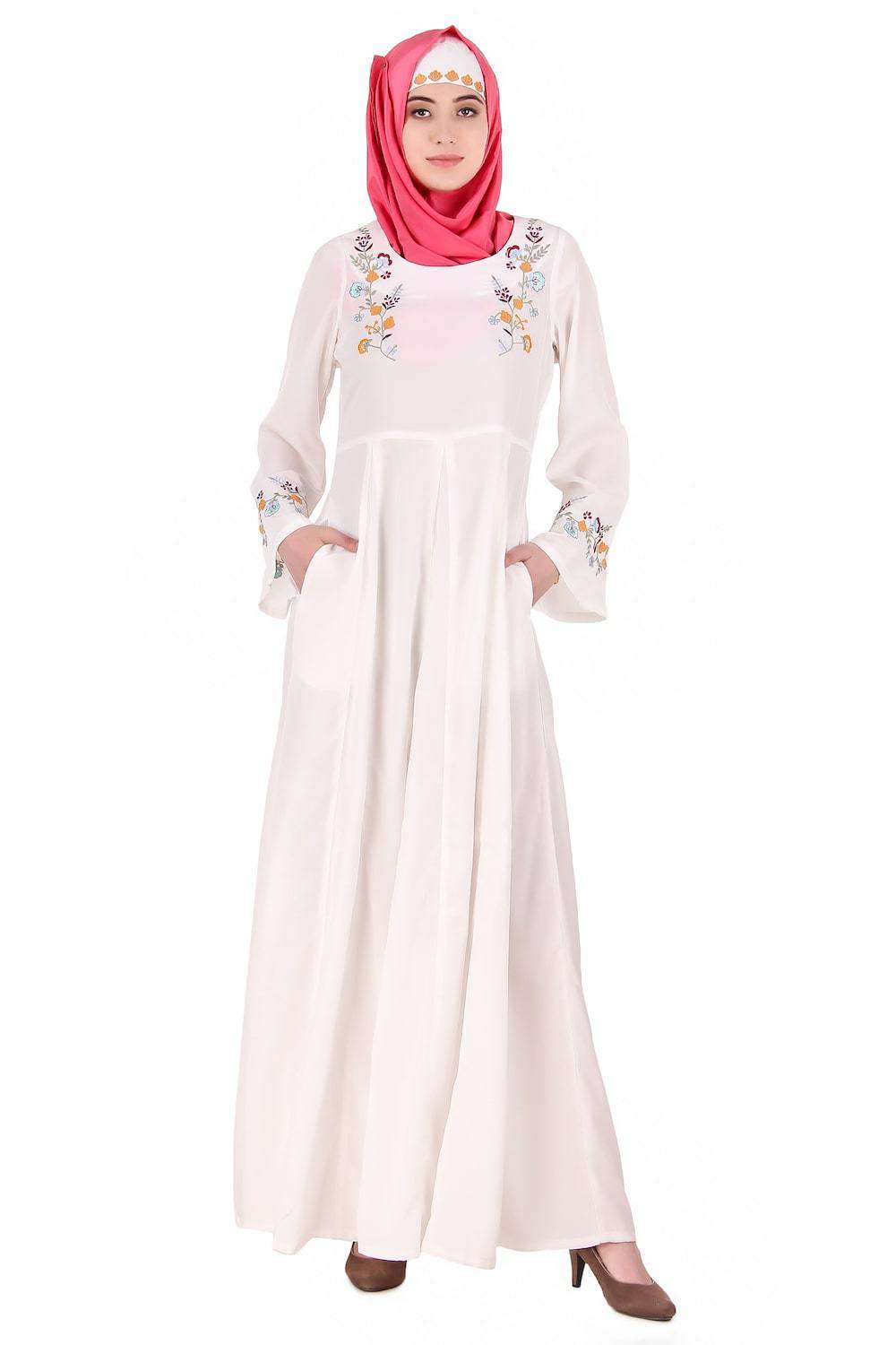 Colorful Embroidered Bell Sleeve White Abaya