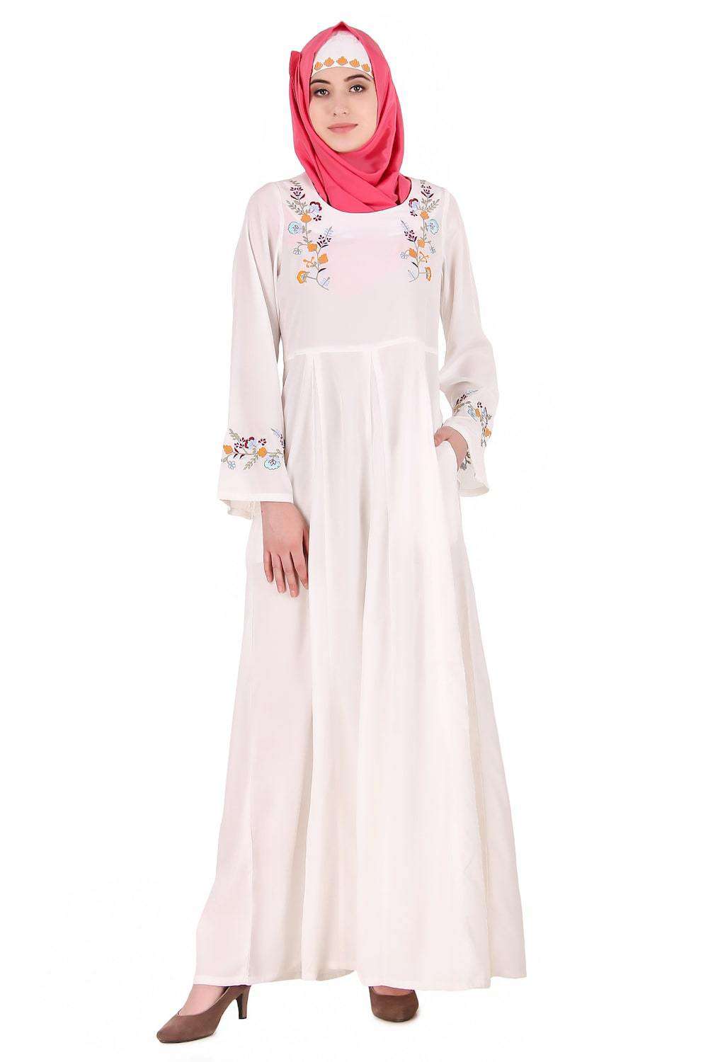 Colorful Embroidered Bell Sleeve White Abaya Front