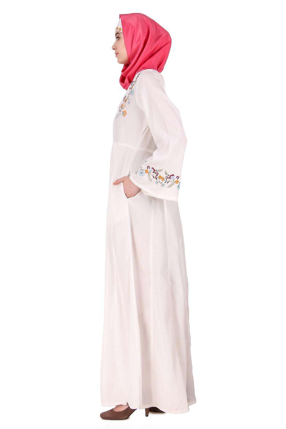 Colorful Embroidered Bell Sleeve White Abaya Side