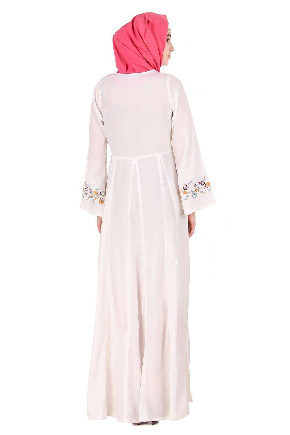Colorful Embroidered Bell Sleeve White Abaya Back