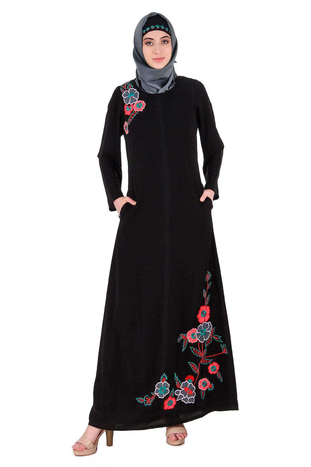 Floral Patch Work A-Line Abaya Front