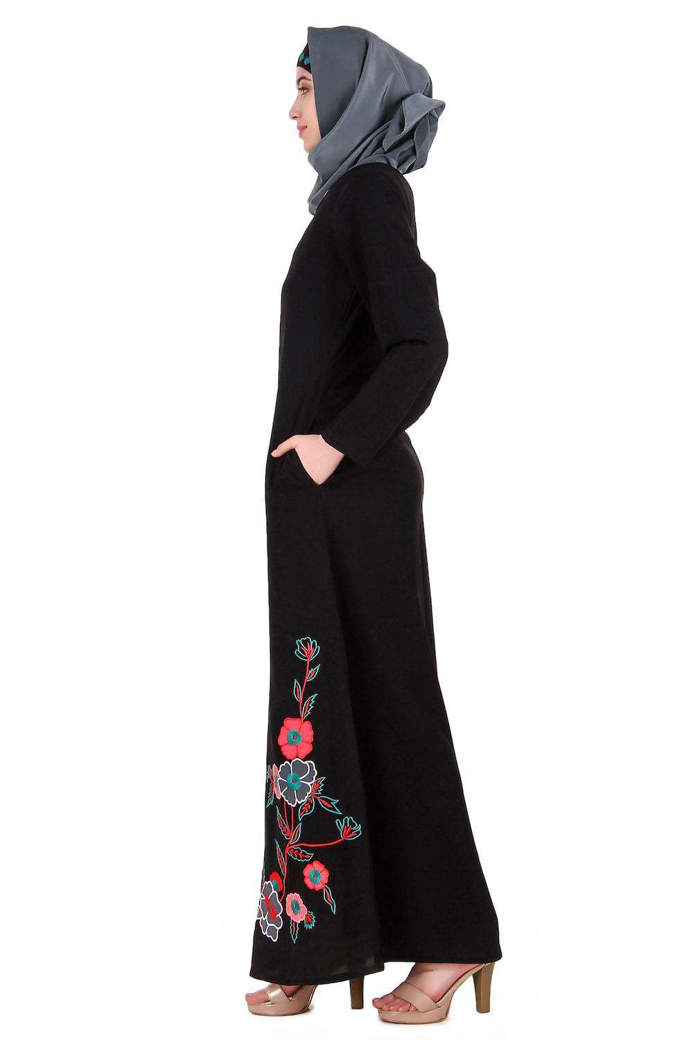 Floral Patch Work A-Line Abaya Side