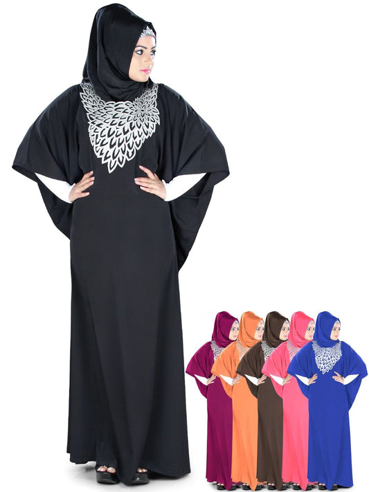 A model wearing a black Aimen Kaftan with silver zari embroidery on the neckline, alongside a series of smaller images showcasing the kaftan in different colors.