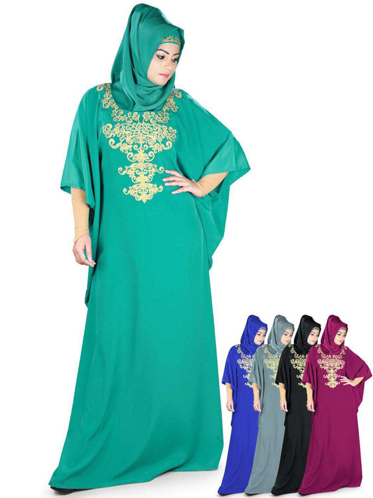 A collection of Kaftan dresses in various colors, featuring a round neckline with gold embroidery and an adjustable belt at the waist. A model is showcased in a green Kaftan with gold embroidery, and additional colors are displayed below.