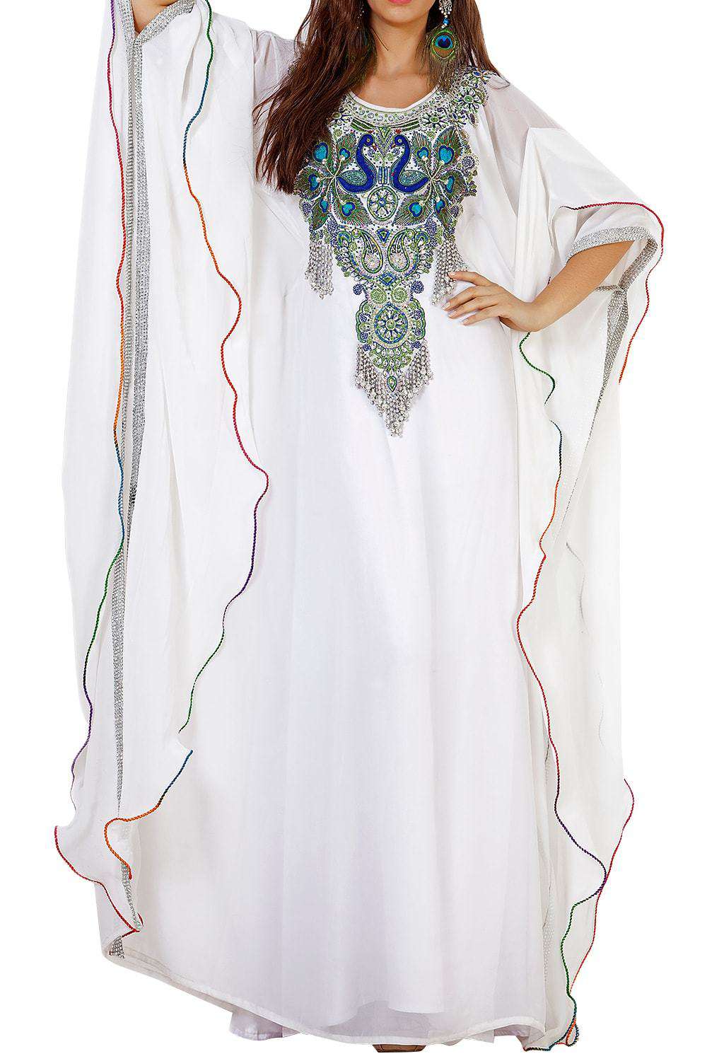 Beautiful White Peacock Embroidered Arabic Kaftan