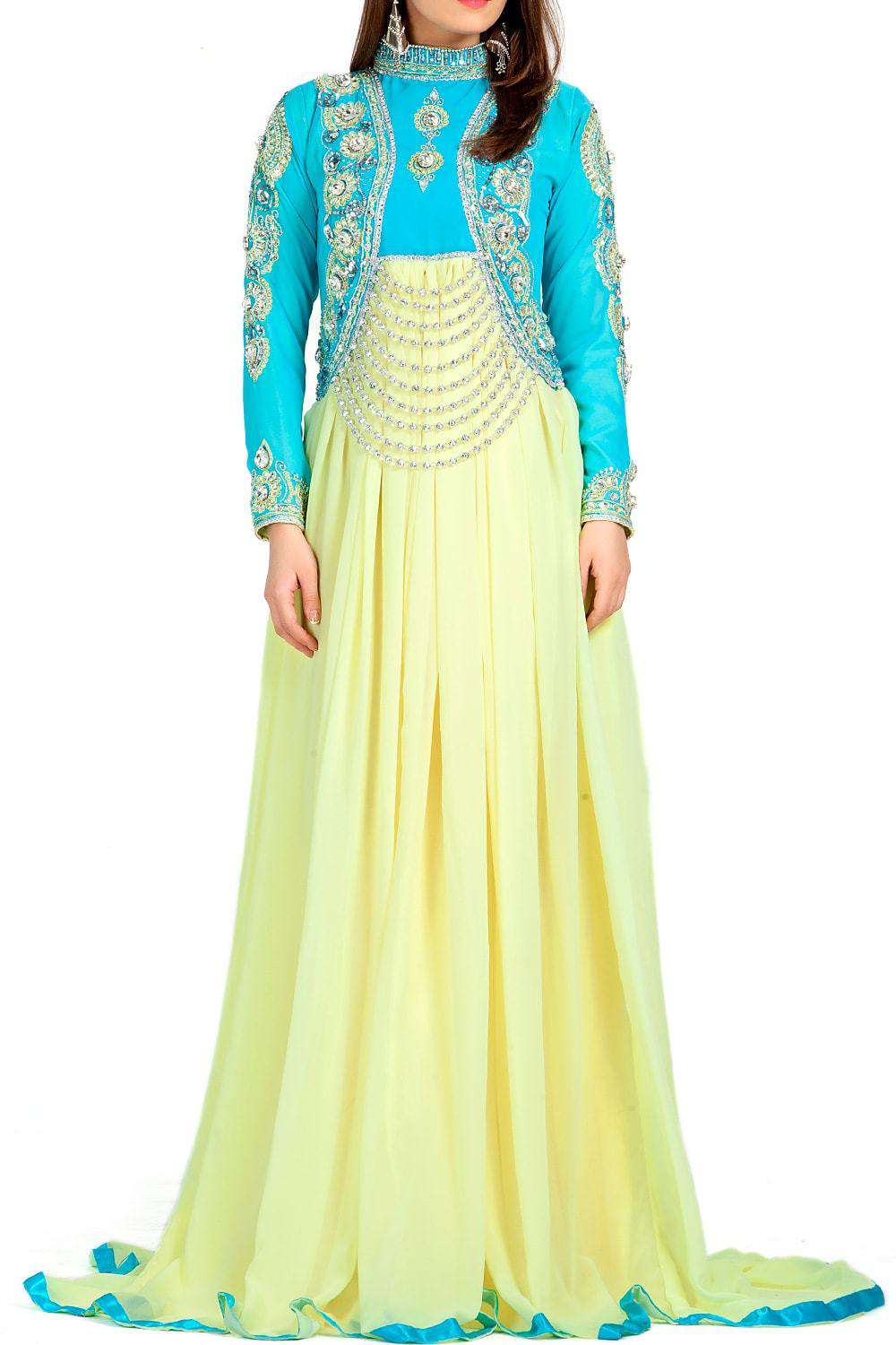 Designer Gulf Yellow & Blue Embroidered Exclusive Georgette Islamic Dress