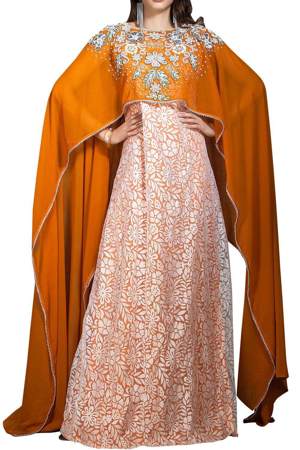 Orange,Yellow and White Color Georgette Kaftan