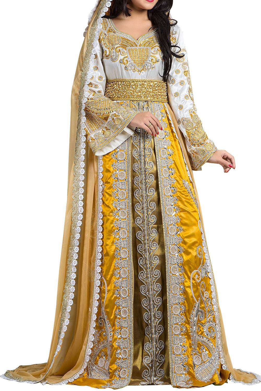 Yellow and White Color Crepe Caftan