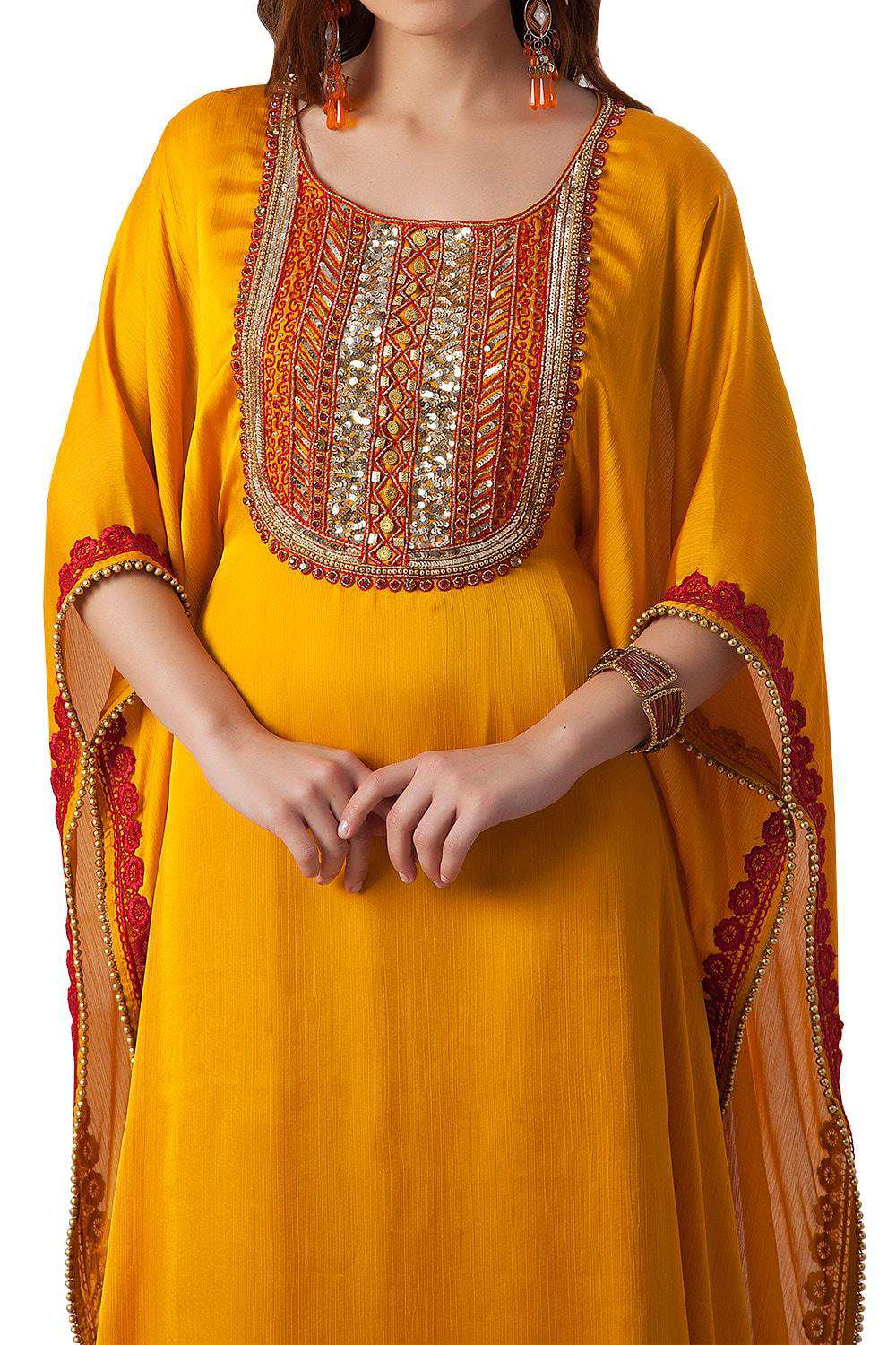 Hand Beaded Party Wear Golden Yellow Color Jalabiya