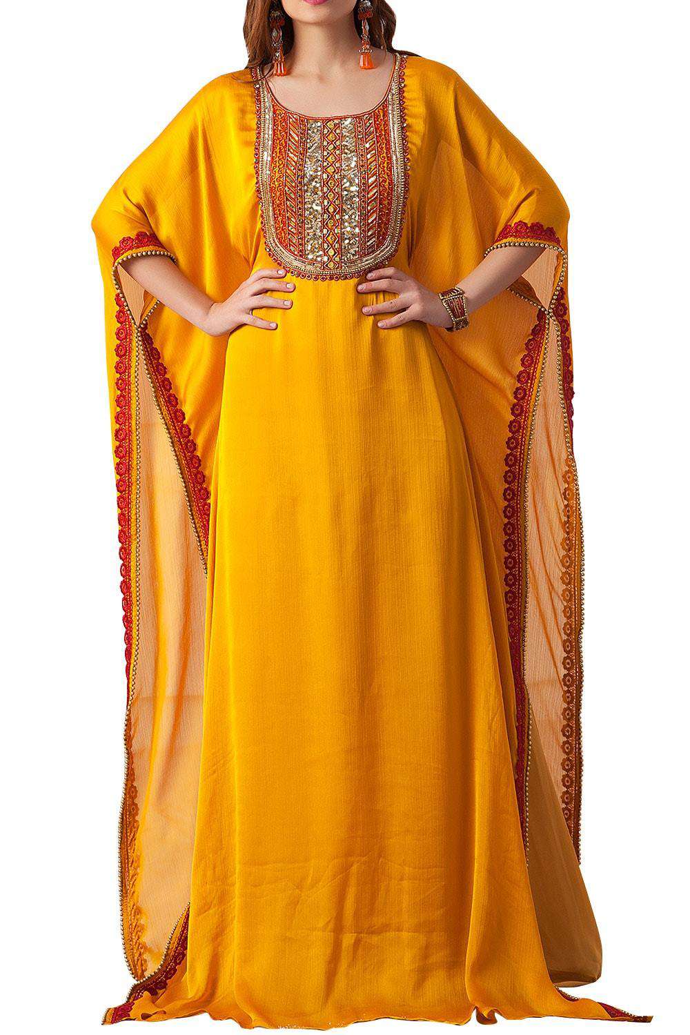 Hand Beaded Party Wear Golden Yellow Color Jalabiya