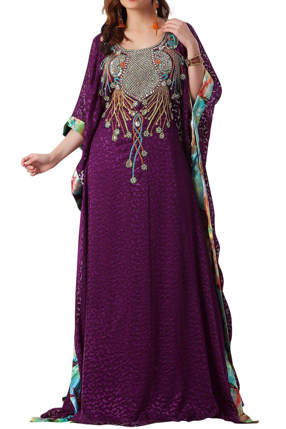 Dark Fuchsia and Pastel Color Hand Beaded Evening Party Dress Farasha