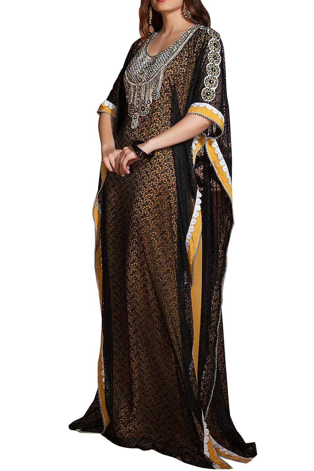 Yellow and Black Net Brasso Handmade Design Farasha Evening & Party Wear Kaftan