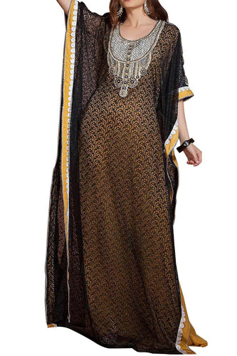 Yellow and Black Net Brasso Handmade Design Farasha Evening & Party Wear Kaftan